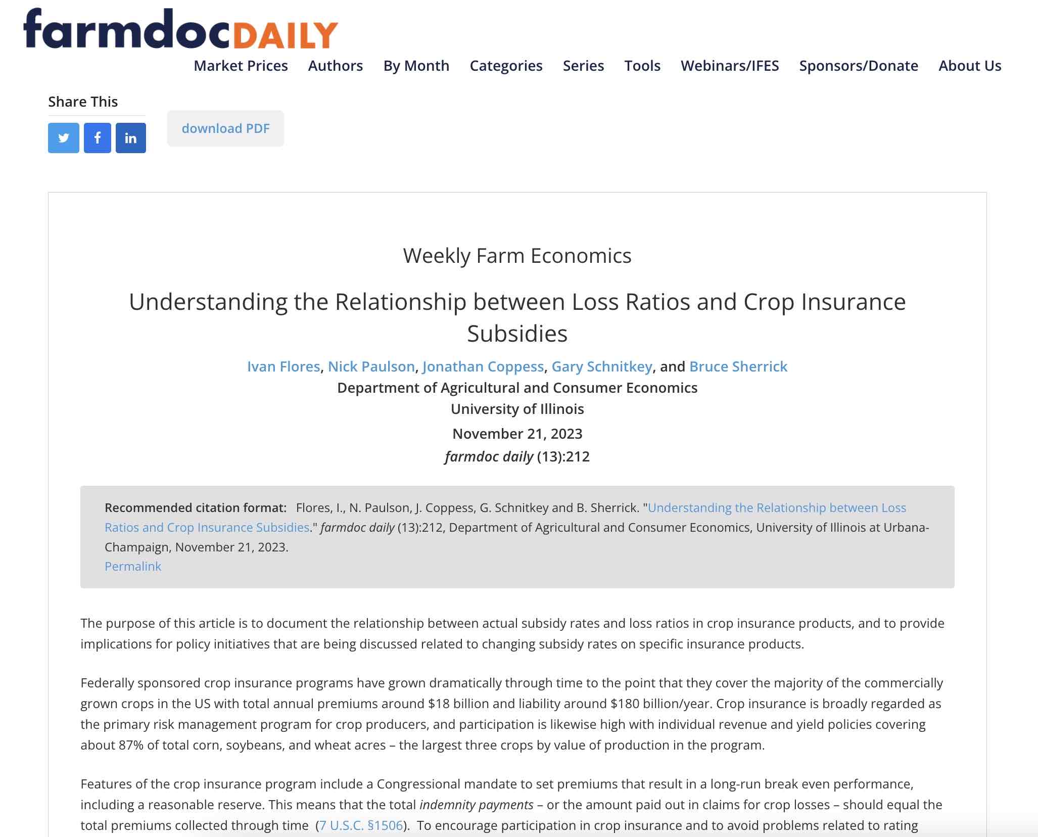 Ivan Flores publication on Crop Insurance ratings